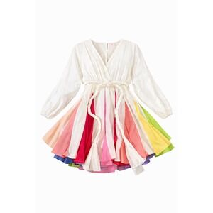 LAtiste By Amy Rainbow Stripe Cotton Maxi Dress V Neck Long Sleeve Tie Waist M